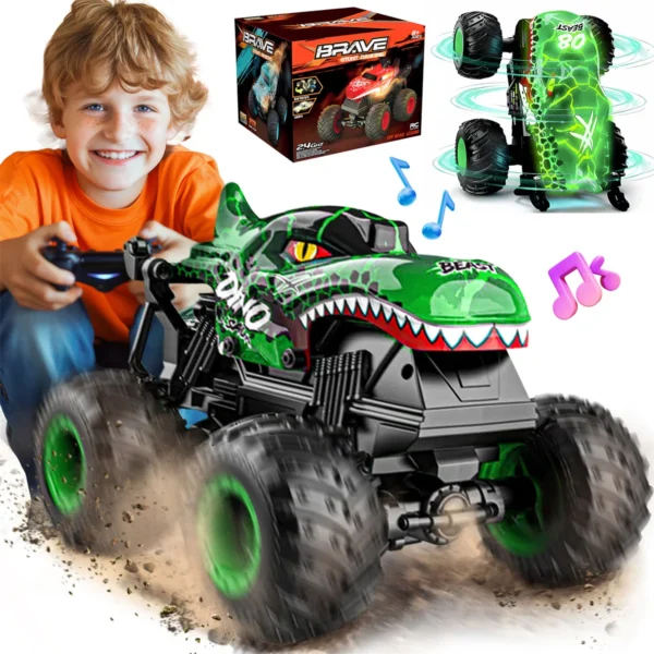 Monster Truck Toys - Remote Control Monster Truck with Light & Music, Dinosaur Toys for Kids, 1:20 Scale RC Truck with 360° Spin