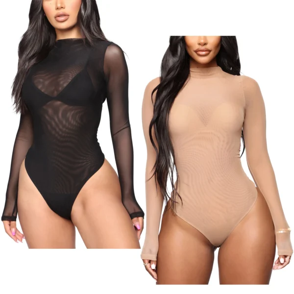Womens Girls Fashion See-through Long Sleeve Bodysuit Lingerie Nightwear Crew Neck High Cut Leotard for Dating Nightclub Teddies - Image 2