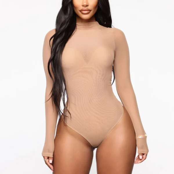 Womens Girls Fashion See-through Long Sleeve Bodysuit Lingerie Nightwear Crew Neck High Cut Leotard for Dating Nightclub Teddies - Image 3