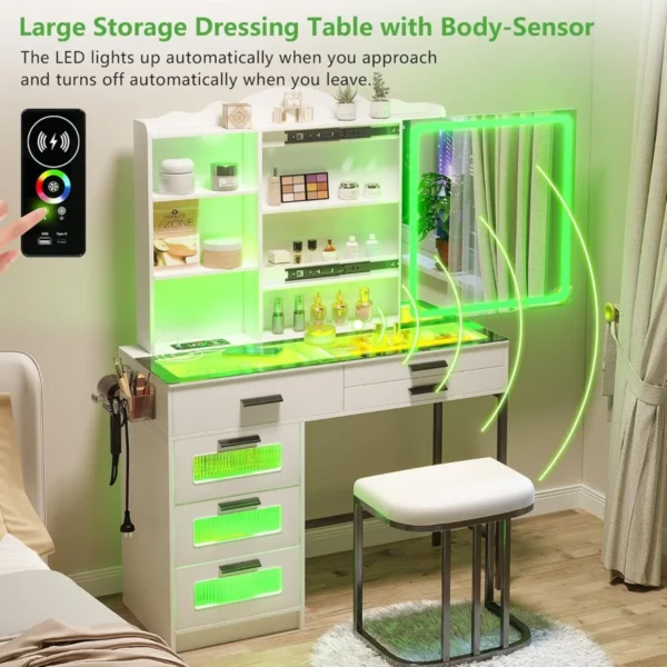 Vanity Desk with Sliding Mirror and Glass Desktop, LED Vanity Mirror with RGB Lights Desk and Chair, Dressers Vanity Table Set - Image 4