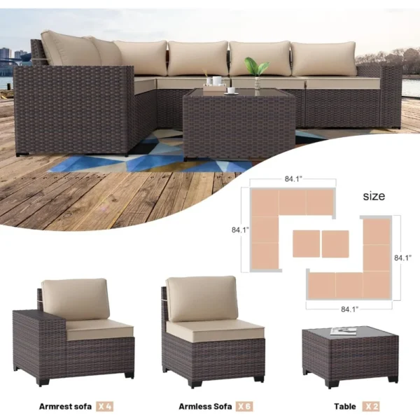 12PCS Outdoor Patio Furniture Set PE Wicker Rattan Sectional Sofa Patio Conversation Sets,Sand - Image 5
