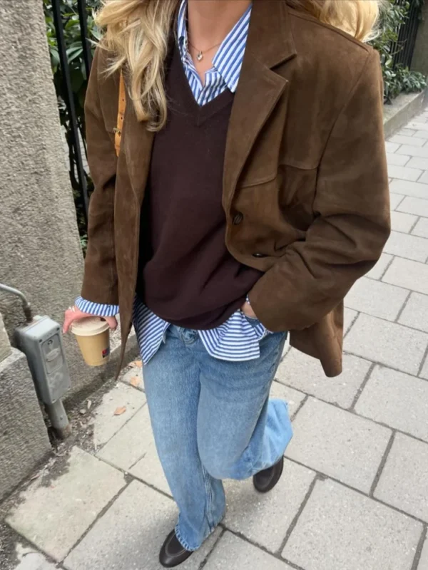 Women Chic Brown Casual Suede Jackets Lapel Long Sleeve Single Breasted Pockets Coats Autumn Solid Office Lady Commuting Tops - Image 5