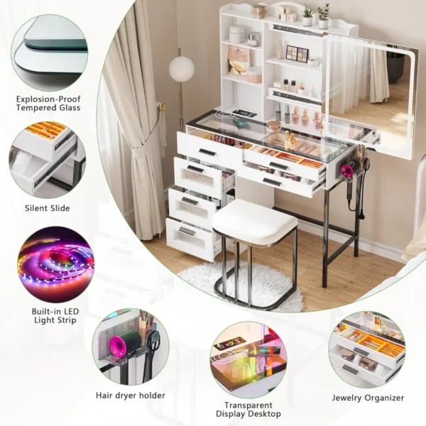 Vanity Desk with Sliding Mirror and Glass Desktop, LED Vanity Mirror with RGB Lights Desk and Chair, Dressers Vanity Table Set - Image 3