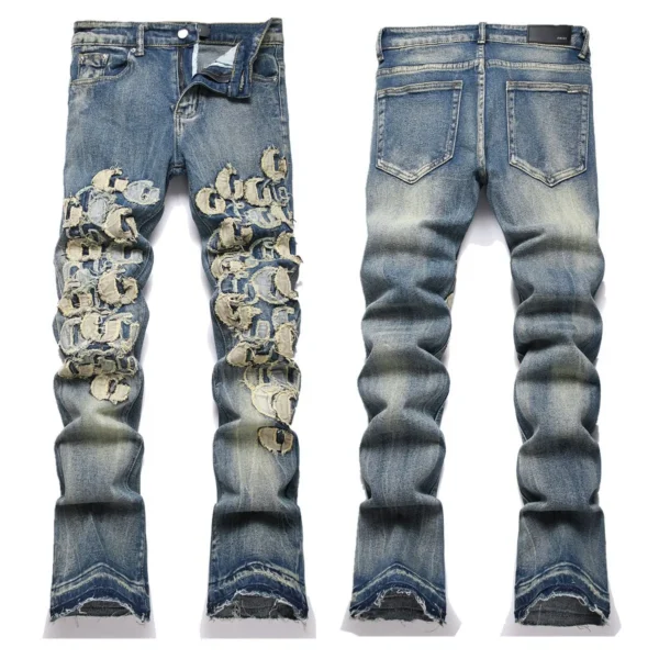 Hand Embroidered Jeans Men Gradient color Pattern Personality Cotton High Elastic Slim Trousers 3D High Street Wash Hole Skull - Image 2