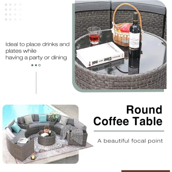 11 Pieces Patio Furniture Sets with Tempered Glass Coffee Table and 4 Pillows, Half-Moon Sectional Round Set Curved Sofa Sets - Image 4