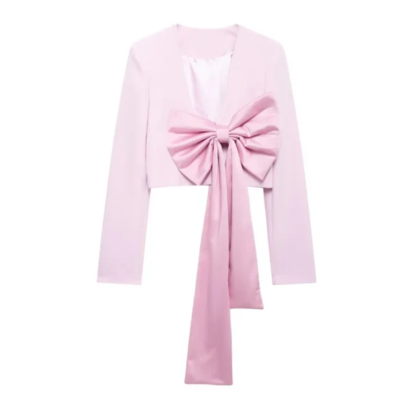 TRAFZA Elegant Women Solid Color Bow Decorate Blazer 2024 Woman Chic V-Neck Long Sleeves Open Stitch Short Coat Streetwear Mujer - Image 4