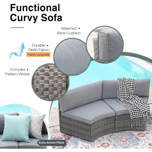 11 Pieces Patio Furniture Sets with Tempered Glass Coffee Table and 4 Pillows, Half-Moon Sectional Round Set Curved Sofa Sets - Image 3