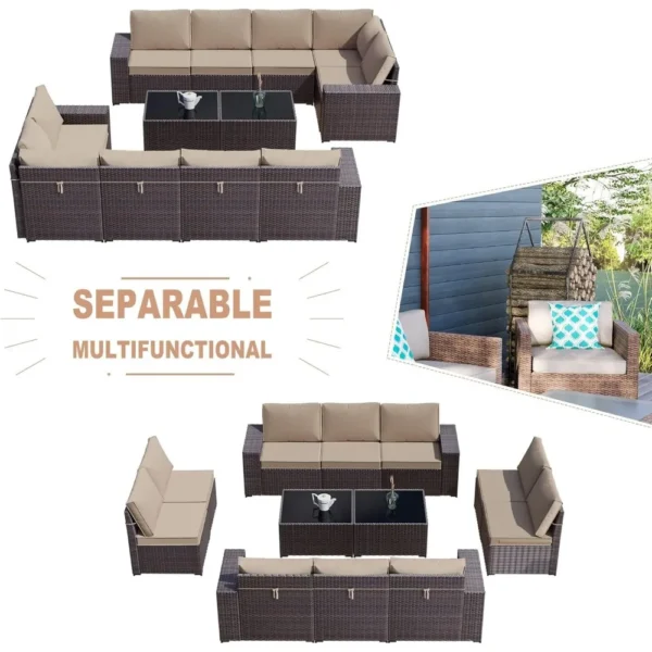 12PCS Outdoor Patio Furniture Set PE Wicker Rattan Sectional Sofa Patio Conversation Sets,Sand - Image 3
