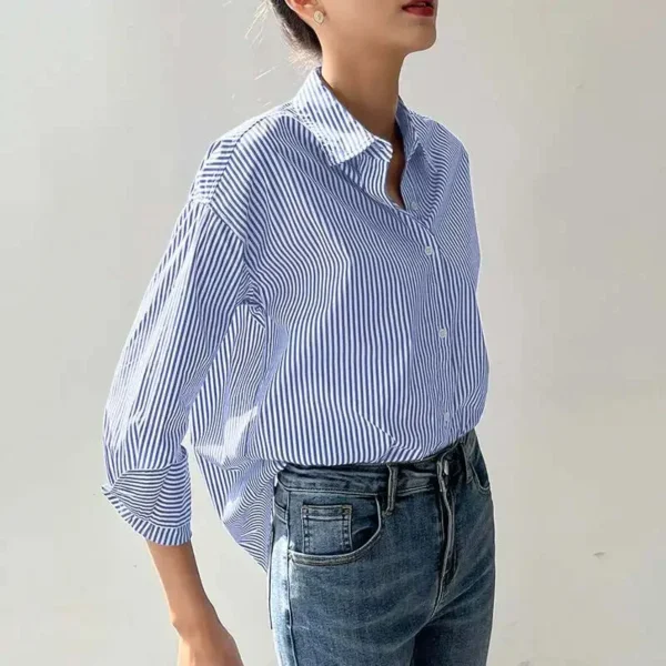 Women Spring Summer Blouses Shirts Lady Fashion Casual Long Sleeve Turn-down Blue Stripes Blusas Tops - Image 3