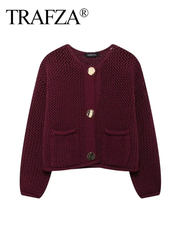 TRAFZA 2024 Female Casual Cardigan Sweater Coat 2 Pockets Wine Red Solid Metal Button Knitted Sweater Woman Autumn Trends Street - Image 2