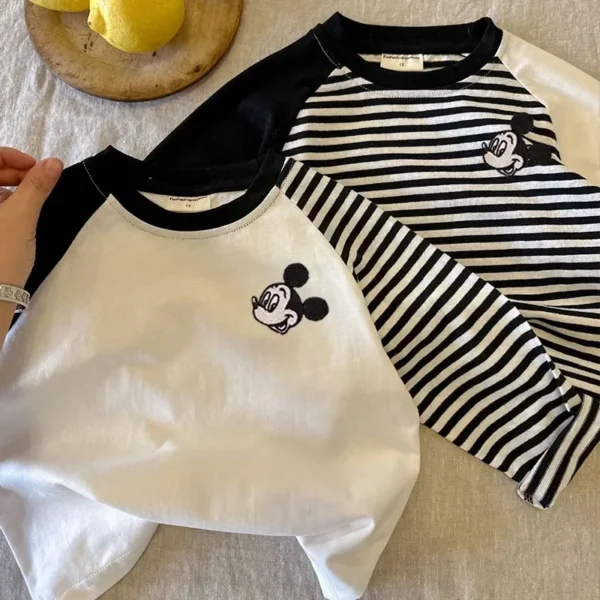 Children's Cotton Long Sleeved T-shirt Spring Autumn Toddler Boys Girls Mickey Mouse Cartoon Color Blocking Stripes Tee Clothes - Image 5