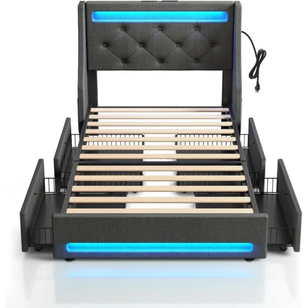 Twin Bed Frame with LED Lights and Charging Station, Upholstered Bed with Drawers, Wooden Slats, Noise Free, Easy Assembly - Image 6