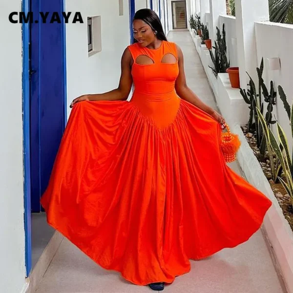 CM.YAYA 2024 Summer Sleeveless Sweet Cute O-Neck Hollow Out Slim Floor-Length Long Women Dress Beach Streetwear Maxi Dresses - Image 3