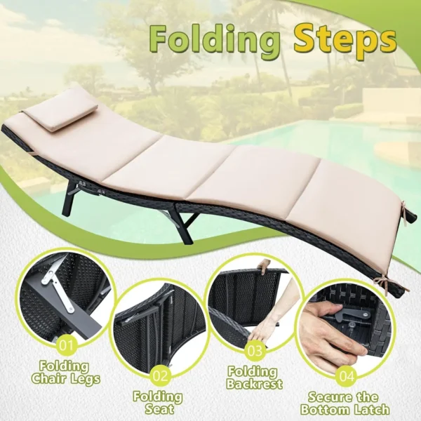 3Pcs Patio Chaise Lounge with Cushions Unadjustable Modern Outdoor Set PE Wicker Rattan Backrest Lounger Chair - Image 4