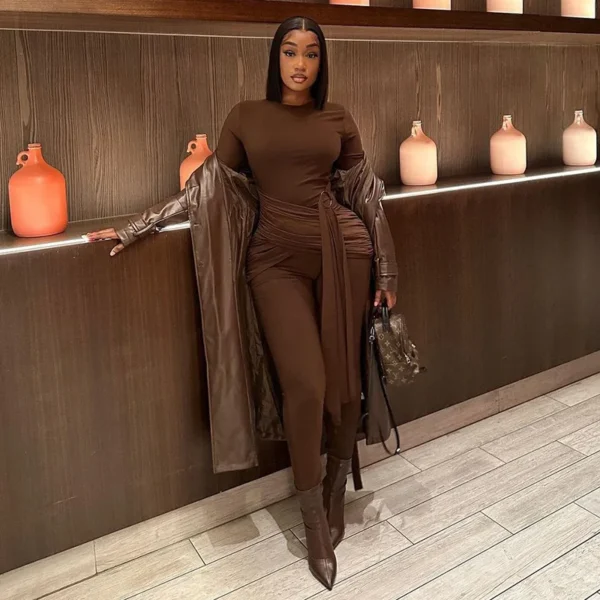 Sexy BrownSlim Fit Women Jumpsuits Casual Long Sleeve Rompers Designed Overalls Fitness 2024 Spring Outfits Club Party