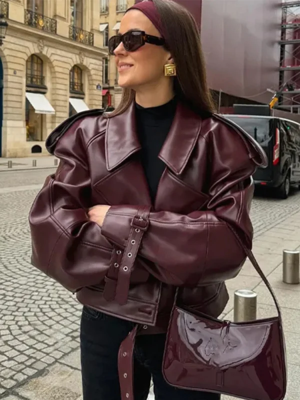 Elegant Women Long Sleeve Leather Jacket Vintage Turn-down Collar Female Short Coat Autumn New Ladies Locomotive Tops Outwear