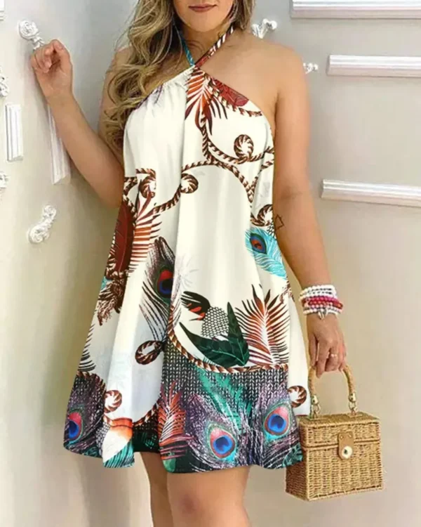 Tropical Print Halter Neck Dress, Vacation Style Backless Dress For Spring & Summer, Women's Clothing - Image 3