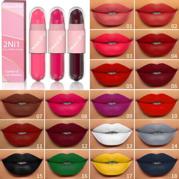 CmaaDu 18 Colour Matte 2-in-1 Lipstick and Lipgloss, Long Lasting Waterproof Face Colour