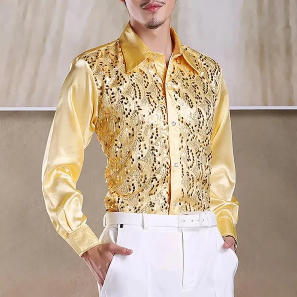 Formal Casual Shirt Tops Men's Luxury Sequins Performance Shirt for Wedding Stage Formal Casual Wear Long Sleeve Single-breasted