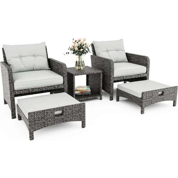 5 Pieces Wicker Patio Furniture Set,Outdoor Patio Chairs with Ottomans,Conversation Furniture with Coffetable for Garden Balcony - Image 6