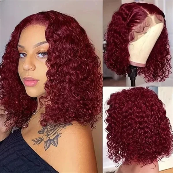 Beautiful 13×4 Bob Burgundy Water Wave Wig - Remy Hair" - Image 3