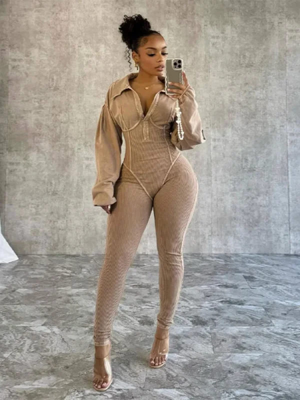 Sexy Sports Jumpsuits Women Autumn New Lapel Long Sleeve Bodycon Rompers Streetwear Female Casual Skinny Fitness Overall - Image 3