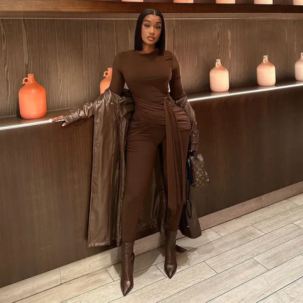 Sexy BrownSlim Fit Women Jumpsuits Casual Long Sleeve Rompers Designed Overalls Fitness 2024 Spring Outfits Club Party - Image 2