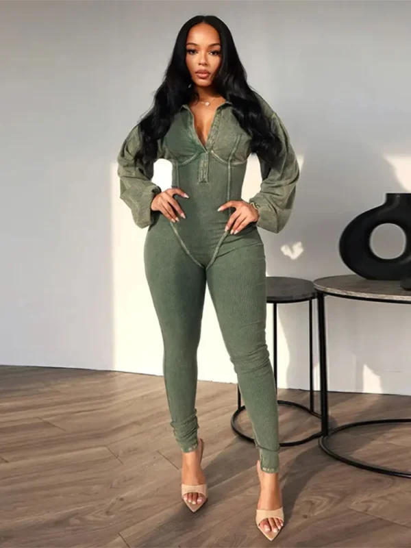 Sexy Sports Jumpsuits Women Autumn New Lapel Long Sleeve Bodycon Rompers Streetwear Female Casual Skinny Fitness Overall