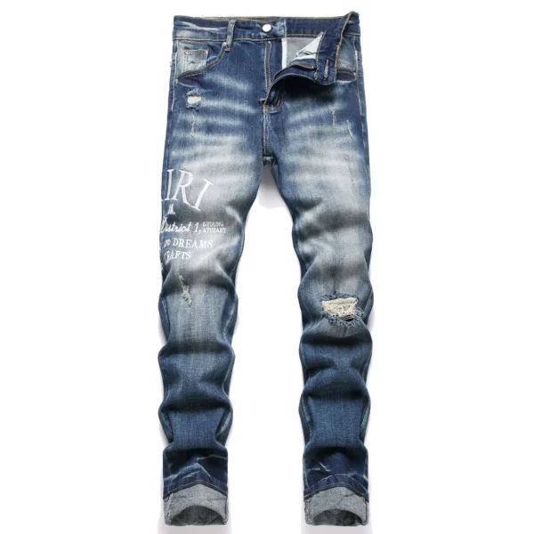 Hand Embroidered Jeans Men Gradient color Pattern Personality Cotton High Elastic Slim Trousers 3D High Street Wash Hole Skull - Image 3