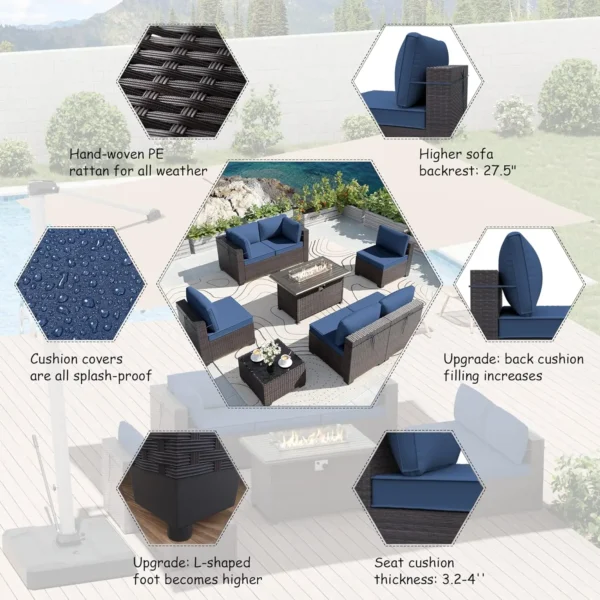 11pcs Outdoor Sectional Sofas w/55000 Gas Fire Pit Patio Conversation Set w/8 Cushions &2 Swivel Chairs - Dark Blue - Image 3