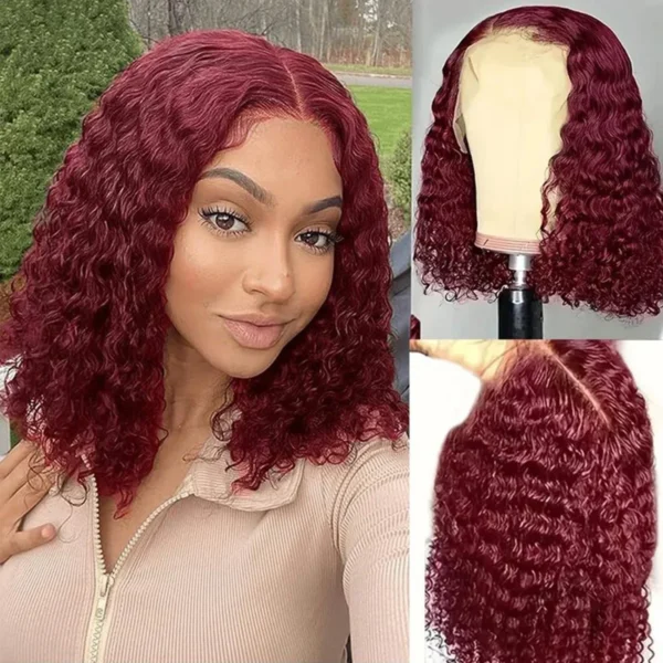 Beautiful 13×4 Bob Burgundy Water Wave Wig - Remy Hair" - Image 2
