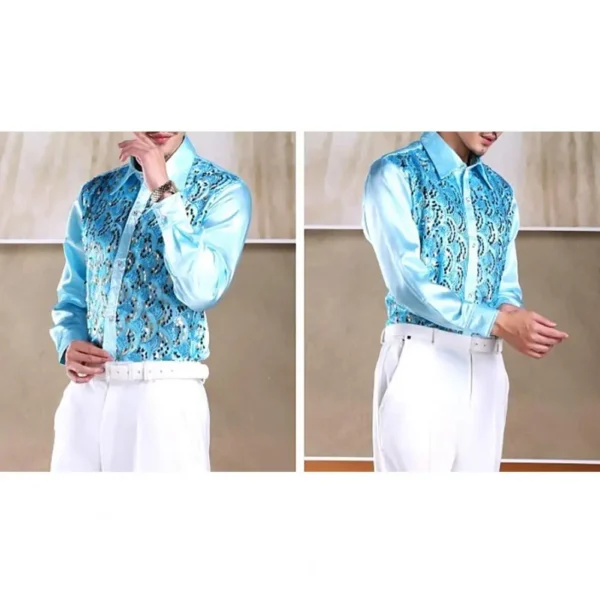Formal Casual Shirt Tops Men's Luxury Sequins Performance Shirt for Wedding Stage Formal Casual Wear Long Sleeve Single-breasted - Image 5