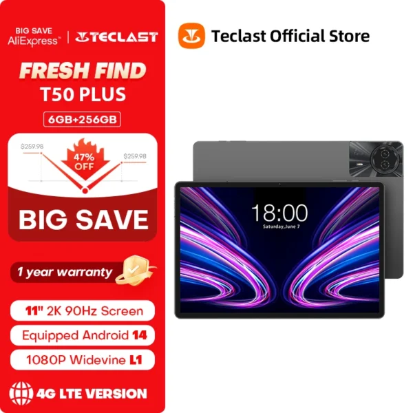 【New】Teclast T50 Plus Android 14 Tablet 11" 2K 90Hz High Refresh 6GB +256GB UNISOC T620 8000mAh Battery 8MP+13MP Camera 4G Tab