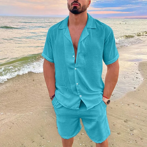 Men's Summer Casual Loose Two Piece Sets Beach Solid Cotton Linen Man Suit Short Sleeve Button Shirt And Shorts Office Outfits - Image 2