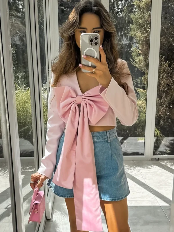 TRAFZA Elegant Women Solid Color Bow Decorate Blazer 2024 Woman Chic V-Neck Long Sleeves Open Stitch Short Coat Streetwear Mujer - Image 3