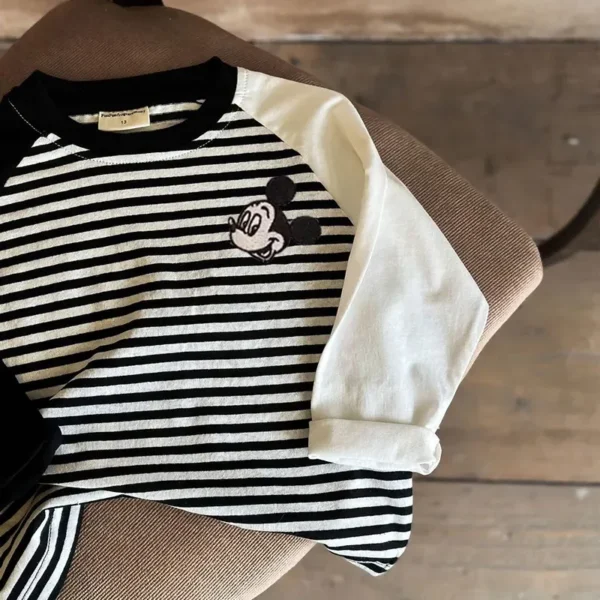 Children's Cotton Long Sleeved T-shirt Spring Autumn Toddler Boys Girls Mickey Mouse Cartoon Color Blocking Stripes Tee Clothes - Image 4