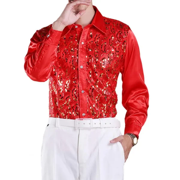 Formal Casual Shirt Tops Men's Luxury Sequins Performance Shirt for Wedding Stage Formal Casual Wear Long Sleeve Single-breasted - Image 6