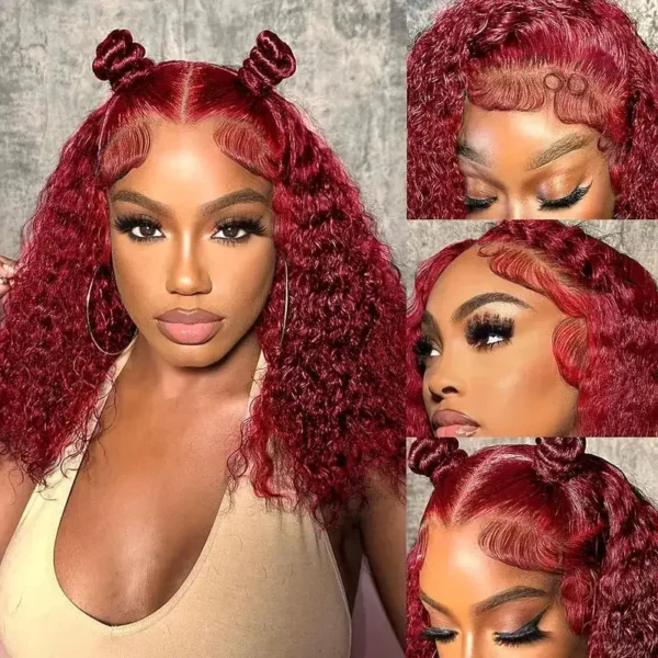 Beautiful 13×4 Bob Burgundy Water Wave Wig - Remy Hair" - Image 4