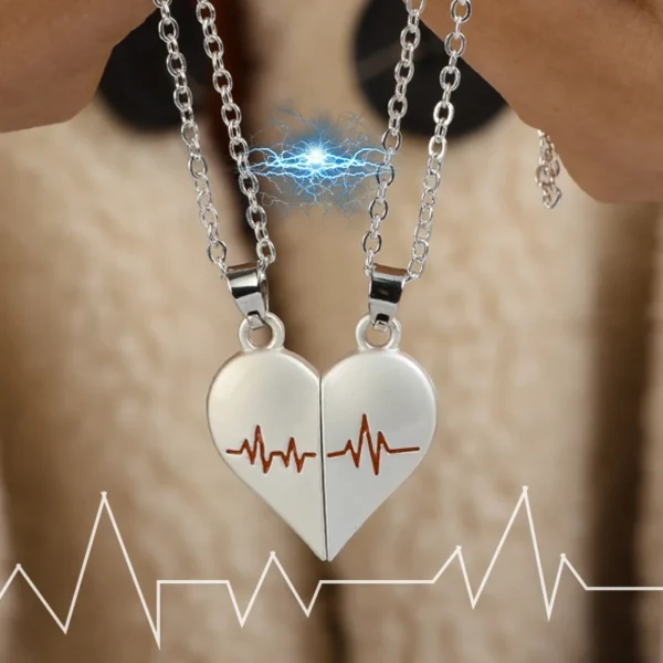2Pcs Electrocardiogram Couple Necklaces for Lovers Boys Girls Stainless Steel Magnetic Heart Pendant Jewelry Valentines Day Gift