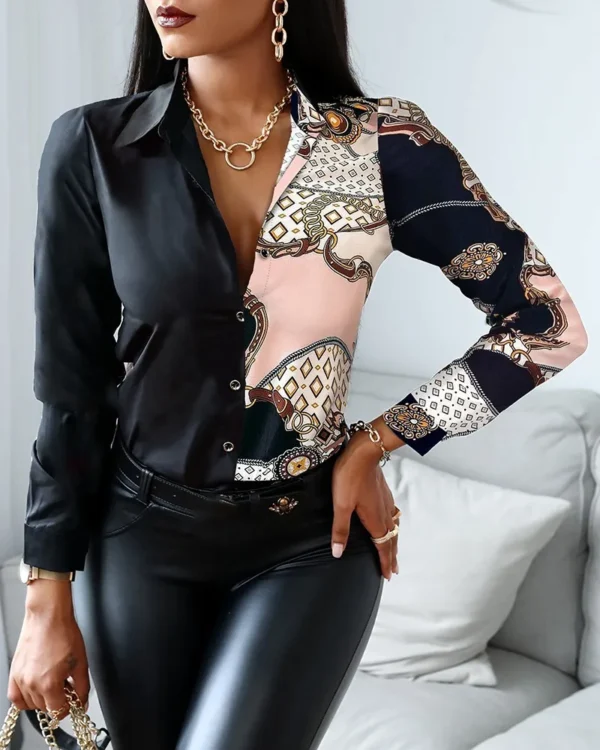 Women Fashion Wild Shirts Chain/Floral/Letter/Geometric Square Print Turn-Down Collar Long Sleeve Blouses - Image 2