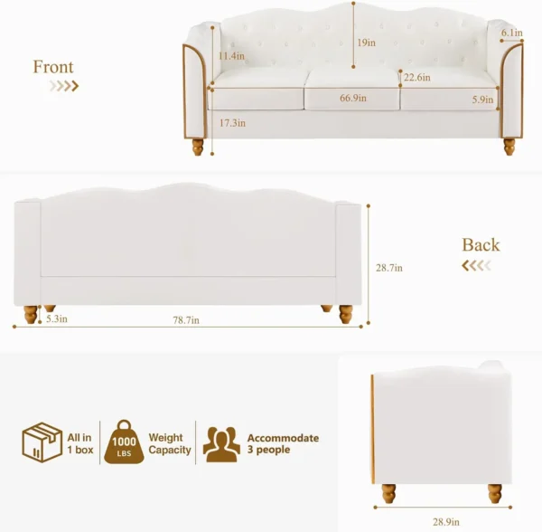 78" Leather Sofa Couch, Soft 3 Seater Sofa Couches for Living Room, Button Tufted Comfy Couch Modern with Upholstered Cushion - Image 2