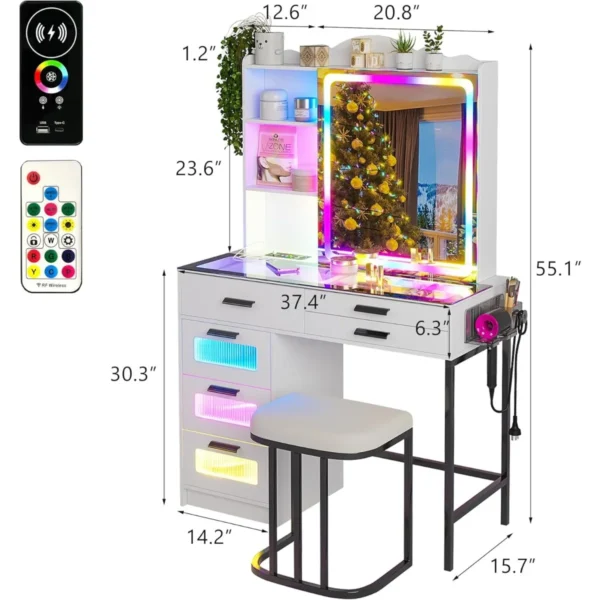 Vanity Desk with Sliding Mirror and Glass Desktop, LED Vanity Mirror with RGB Lights Desk and Chair, Dressers Vanity Table Set - Image 2