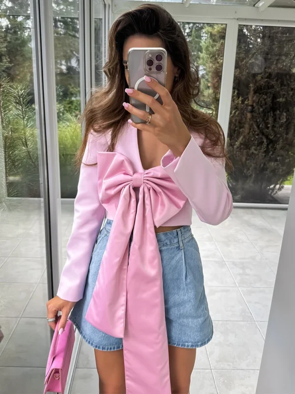 TRAFZA Elegant Women Solid Color Bow Decorate Blazer 2024 Woman Chic V-Neck Long Sleeves Open Stitch Short Coat Streetwear Mujer - Image 2