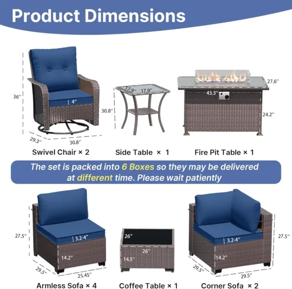 11pcs Outdoor Sectional Sofas w/55000 Gas Fire Pit Patio Conversation Set w/8 Cushions &2 Swivel Chairs - Dark Blue - Image 2