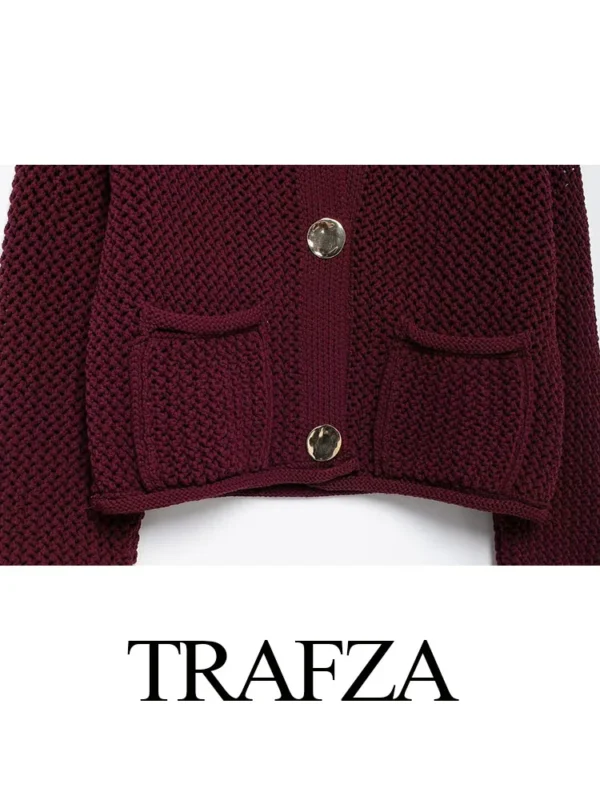 TRAFZA 2024 Female Casual Cardigan Sweater Coat 2 Pockets Wine Red Solid Metal Button Knitted Sweater Woman Autumn Trends Street - Image 5