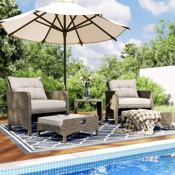 5 Pieces Wicker Patio Furniture Set,Outdoor Patio Chairs with Ottomans,Conversation Furniture with Coffetable for Garden Balcony - Image 2