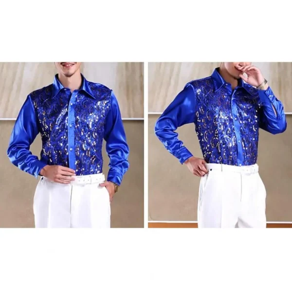 Formal Casual Shirt Tops Men's Luxury Sequins Performance Shirt for Wedding Stage Formal Casual Wear Long Sleeve Single-breasted - Image 4