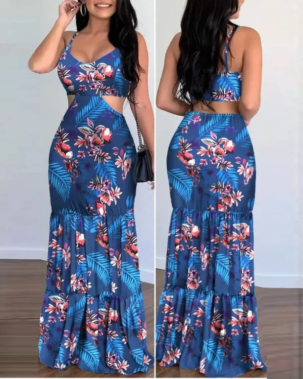 Women Dress Camisole Long Dresses Print Folds Sleeveless Slim Fit V Neck Elegant A Line Splice Vestidos Beach Summer 2024 - Image 3
