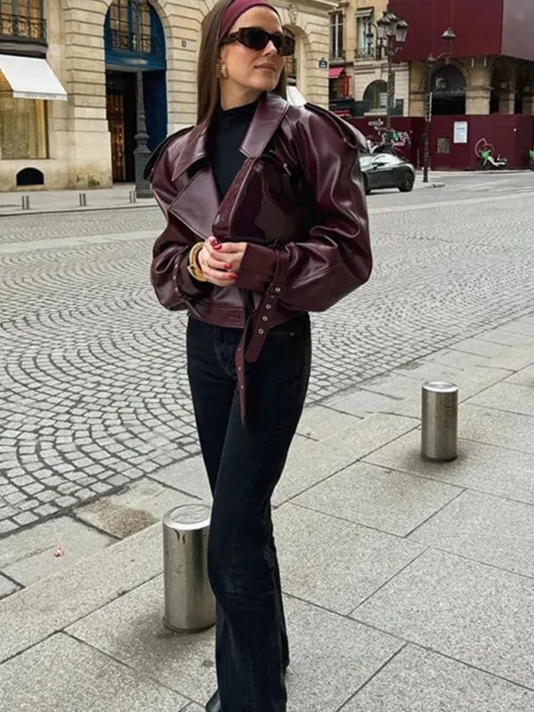 Elegant Women Long Sleeve Leather Jacket Vintage Turn-down Collar Female Short Coat Autumn New Ladies Locomotive Tops Outwear - Image 4