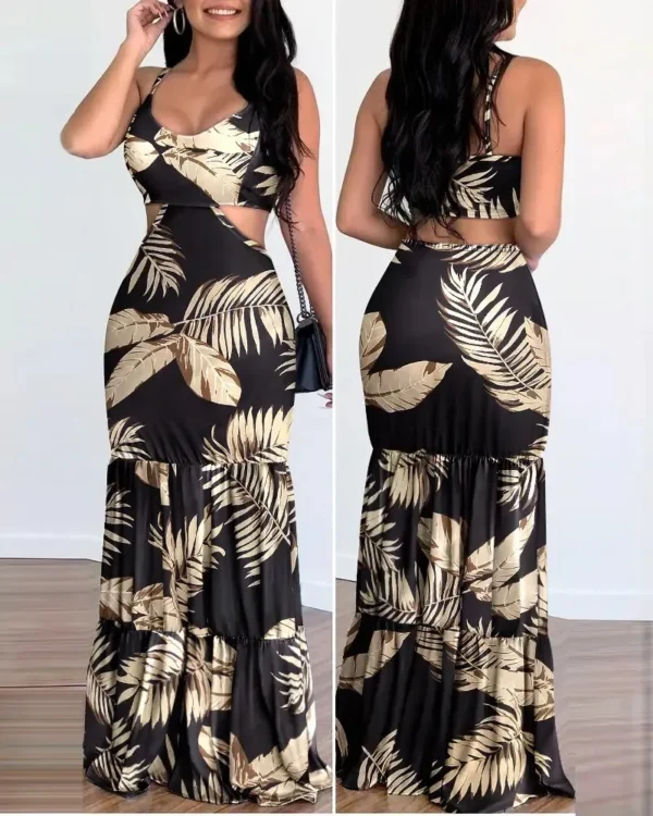 Women Dress Camisole Long Dresses Print Folds Sleeveless Slim Fit V Neck Elegant A Line Splice Vestidos Beach Summer 2024 - Image 4